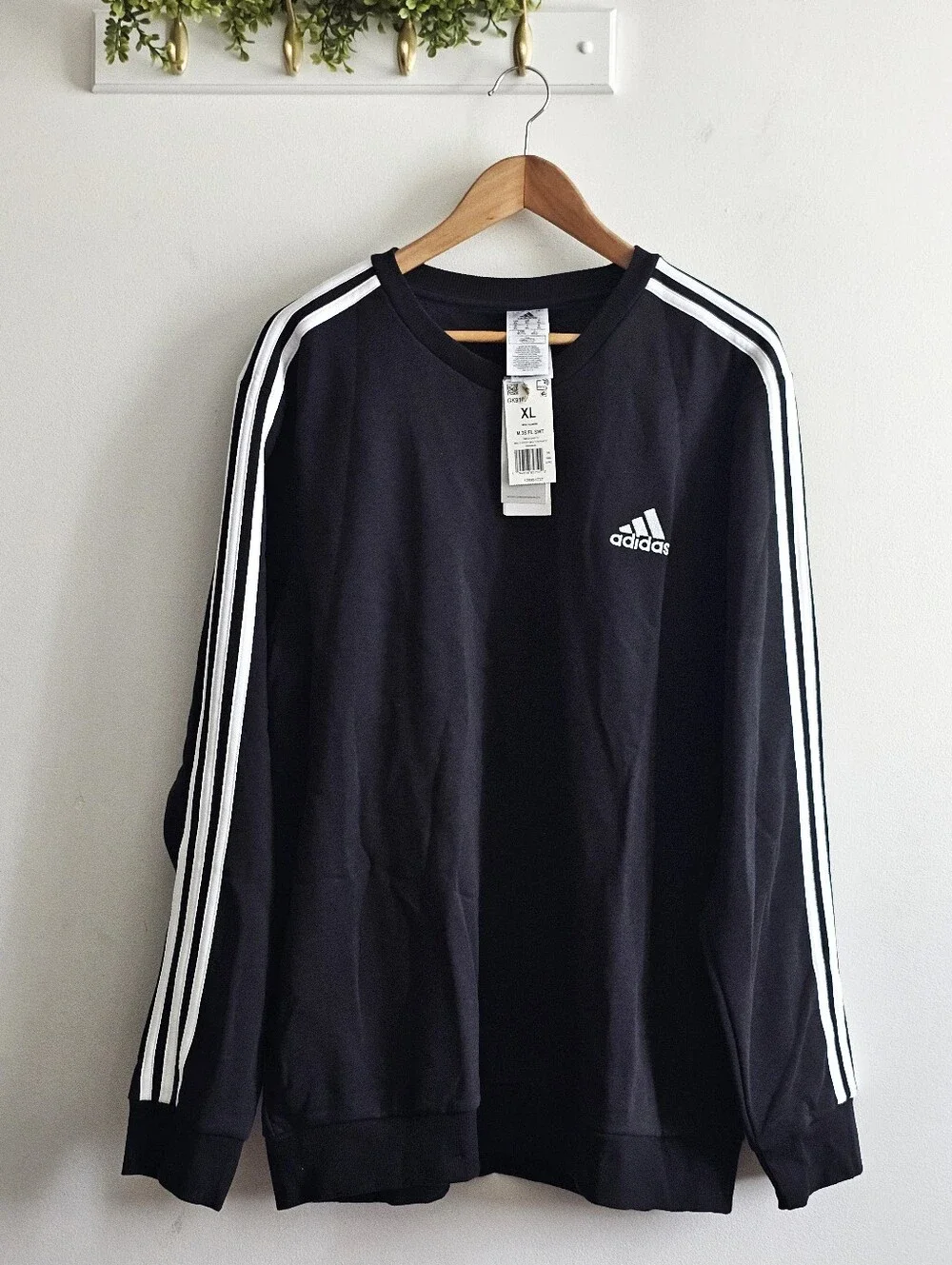 Adidas Men XL Essentials 3-Stripes Fleece Sweatshirt Black White NWT